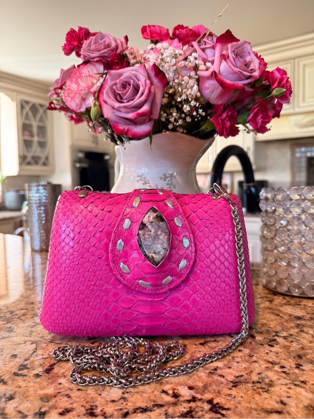 Hot Pink Python-Texture Crossbody Bag with Silver Chain - Brand New